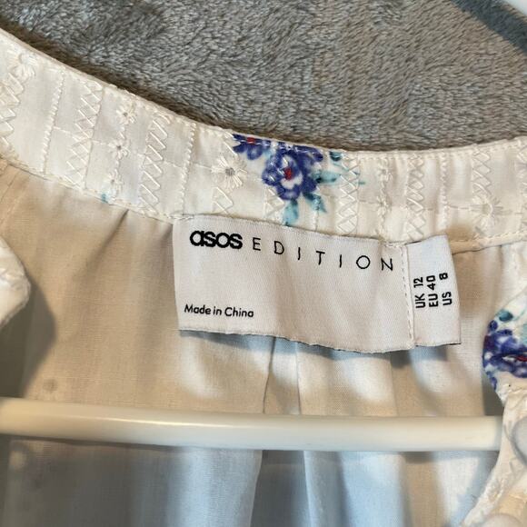 ASOS EDITION Puff Sleeve Midi Dress Ditsy Floral Embroidered White Blue Size‎ 8 - Picture 8 of 9